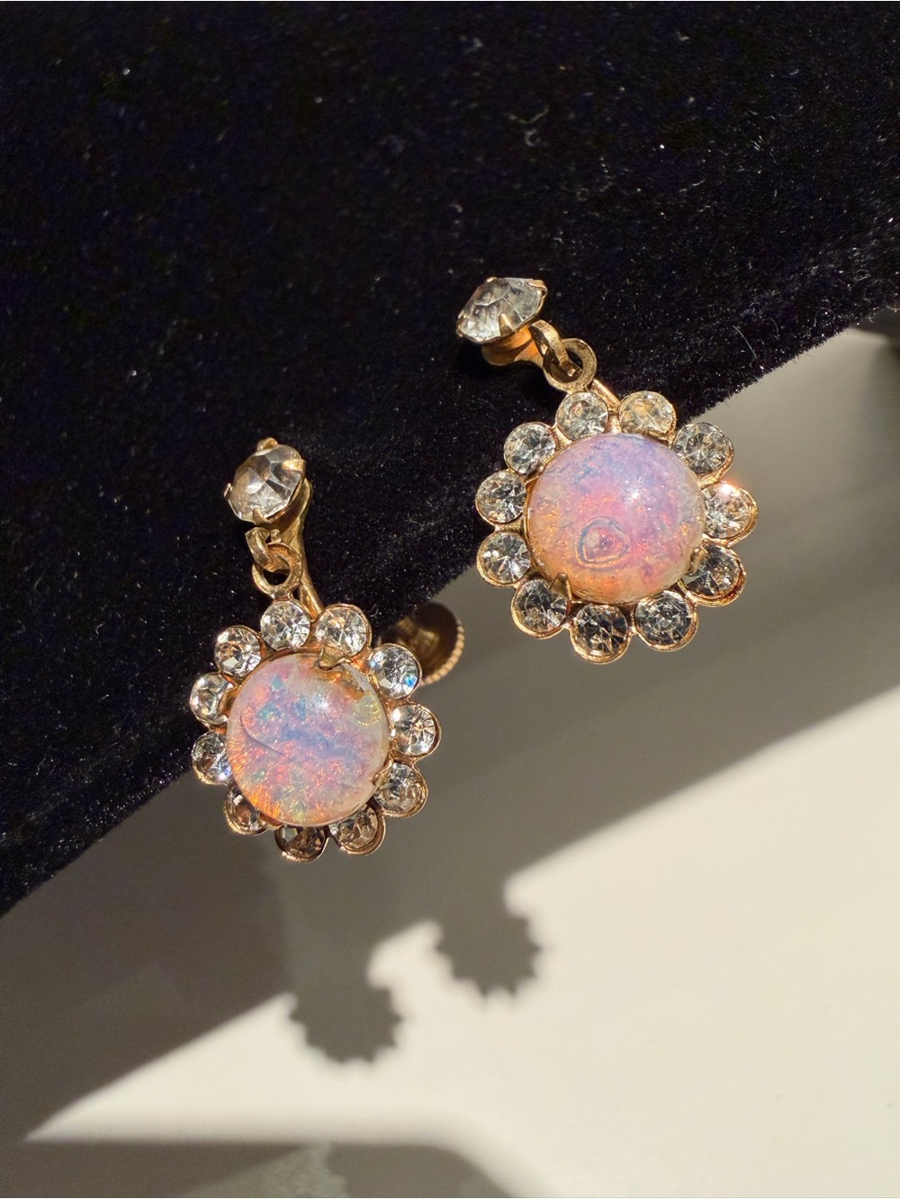 Vintage Gold-Tone Pink faux Opal Floral Drop Earrings with Crystal Halo